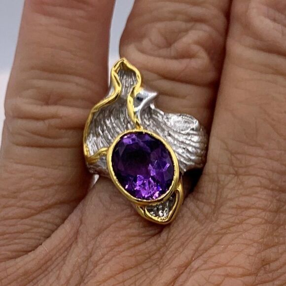 Ring, solid 925 sterling silver, 24 Karat gold, real amethyst, adjustabl… - Picture 3 of 15